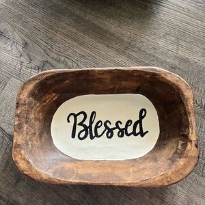 Rustic Wooden Bowl with 'Blessed' Inscription